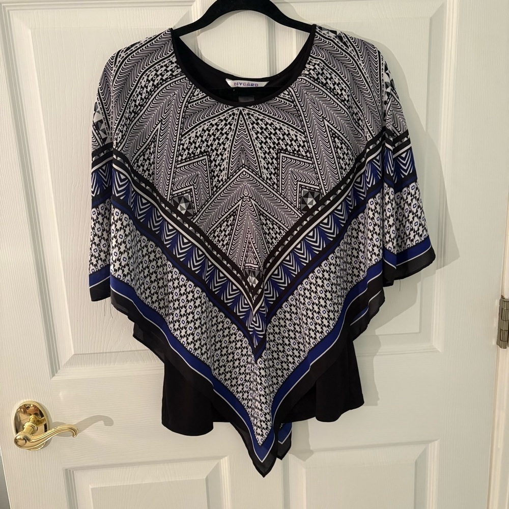 Nygard Geo Print Poncho-Style Blouse Layered Look Black Blue Batwing Top Size S